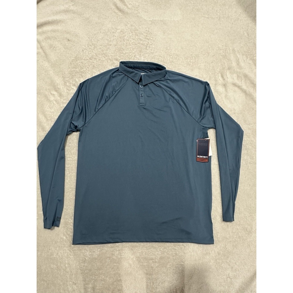 Suntect Mens XL Blue/Green Long Sleeve Resort LS Polo UPF 50+ NWT